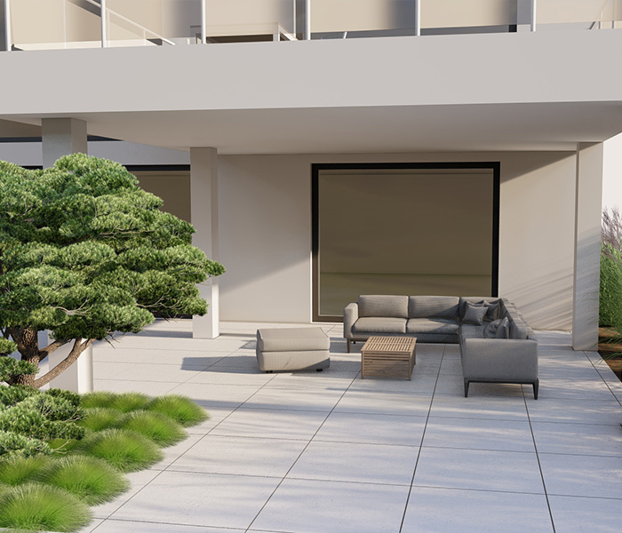 Eine 3D-Darstellung einer Terrasse mit Möbeln und einem Baum.